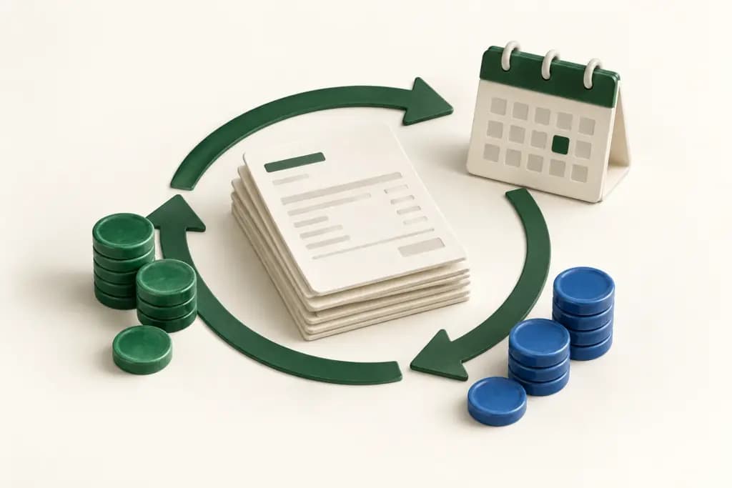 Invoices and a calendar sit inside a green renewal loop surrounded by green and blue coins