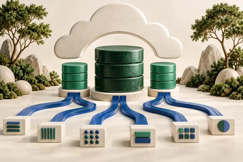 Green database cylinders beneath a cloud arch connect to application blocks through blue channels