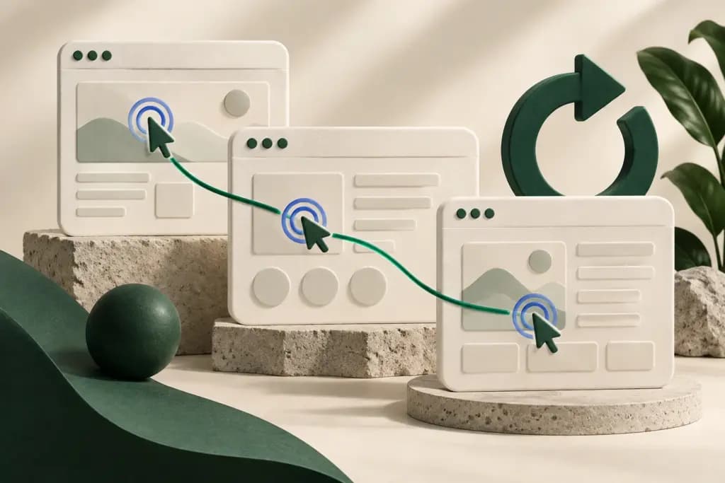 A green cursor trail connects browser windows beside a circular replay arrow