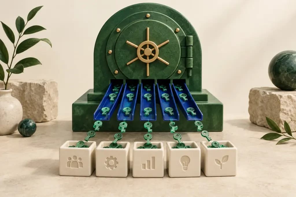 A green vault distributes key tokens through blue channels to application cubes
