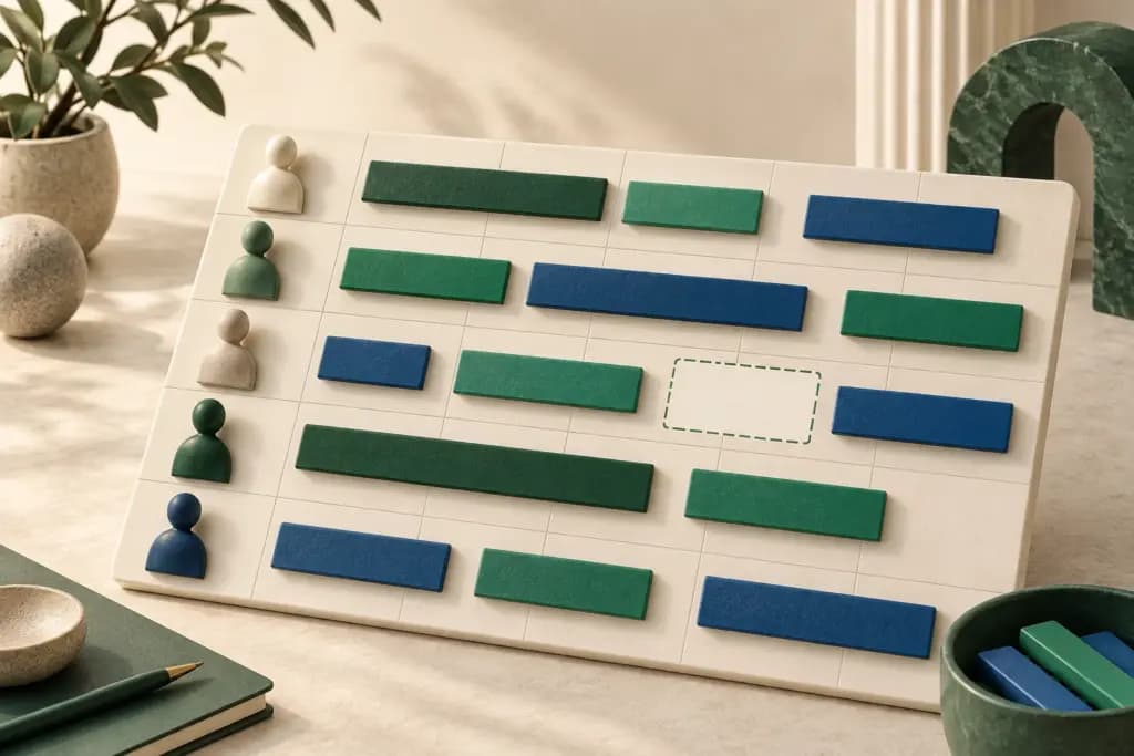 People tokens and green and blue allocation bars fill a staffing planning grid