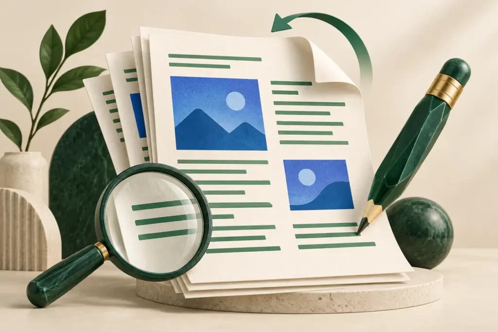Document sheets with image blocks sit beside a green pencil and a magnifying glass