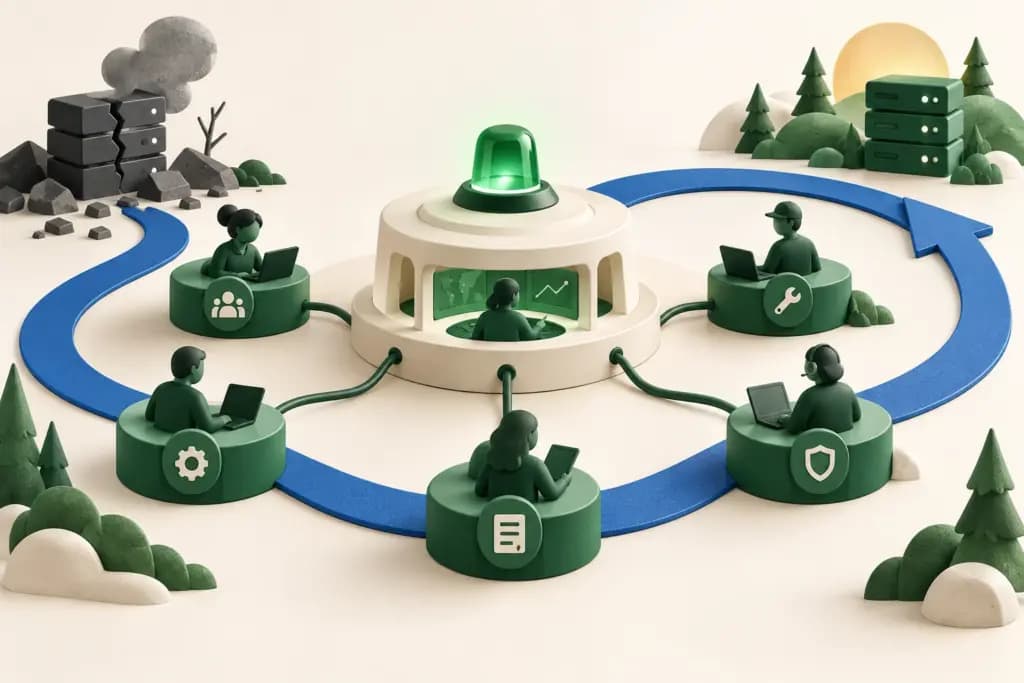 Five responder stations connect to an incident command beacon inside a blue recovery loop