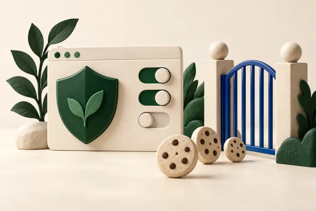 A green privacy shield and consent toggles stand beside cookies and a blue gate