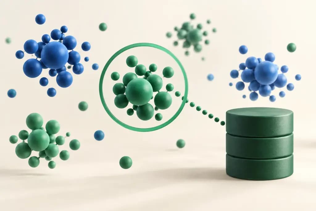 Green and blue data clusters surround a similarity search ring and a database cylinder