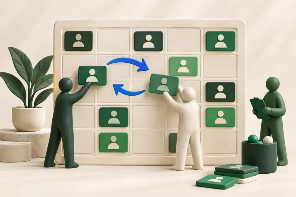 Workers exchange green shift tiles across an ivory scheduling board