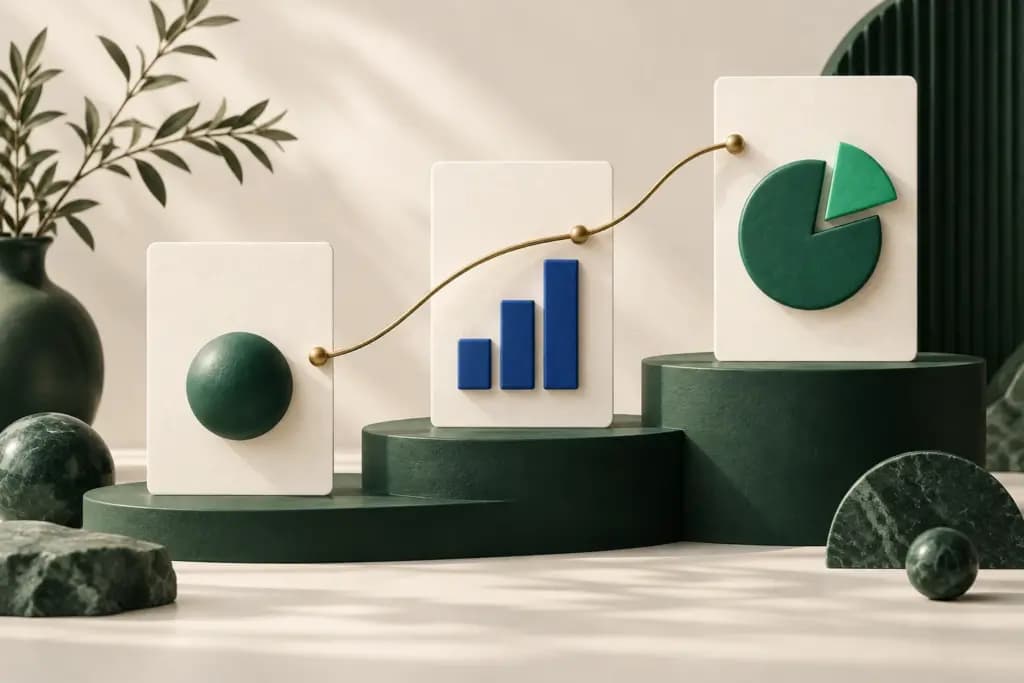 Three ivory presentation cards show green shapes and blue bars along a rising path