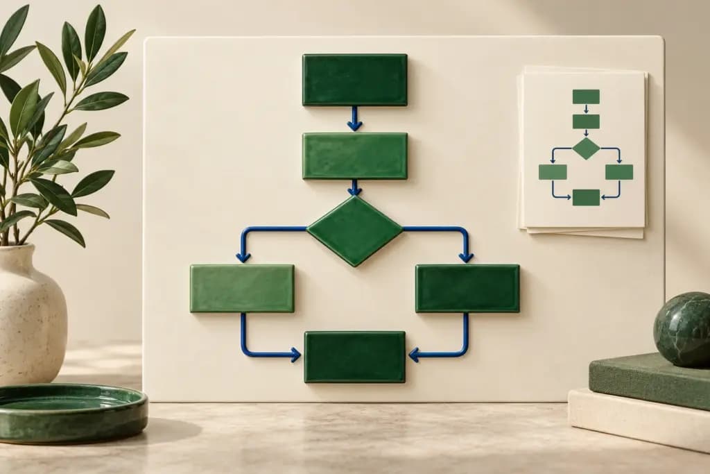 Green flowchart shapes and blue connectors form a process diagram on an ivory board