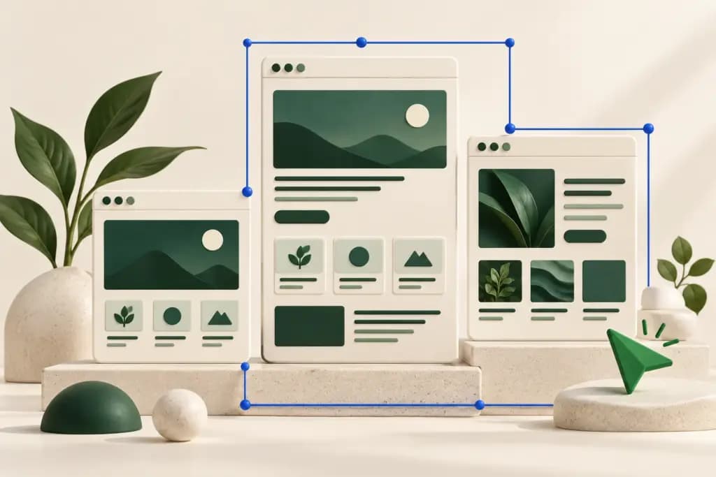 Three ivory browser panels display green website layouts within blue design guides