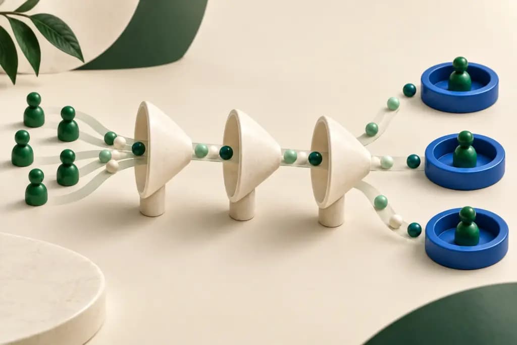 Green user tokens and event beads pass through ivory funnels toward blue retention rings