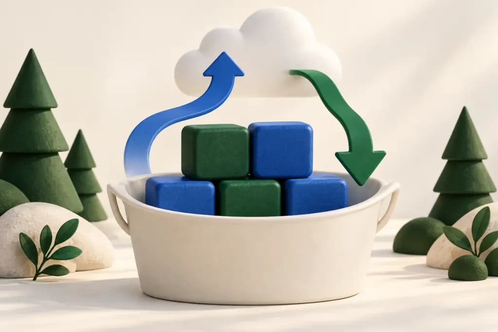 Green and blue storage cubes sit in an ivory bucket beneath cloud transfer arrows