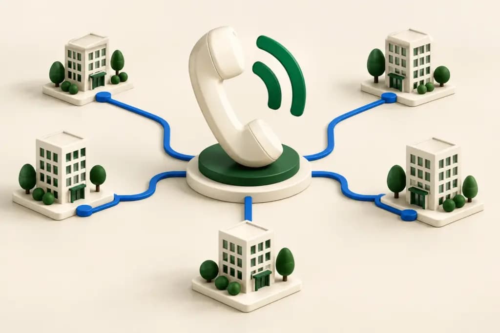 An ivory telephone connects five office buildings through blue call routing paths