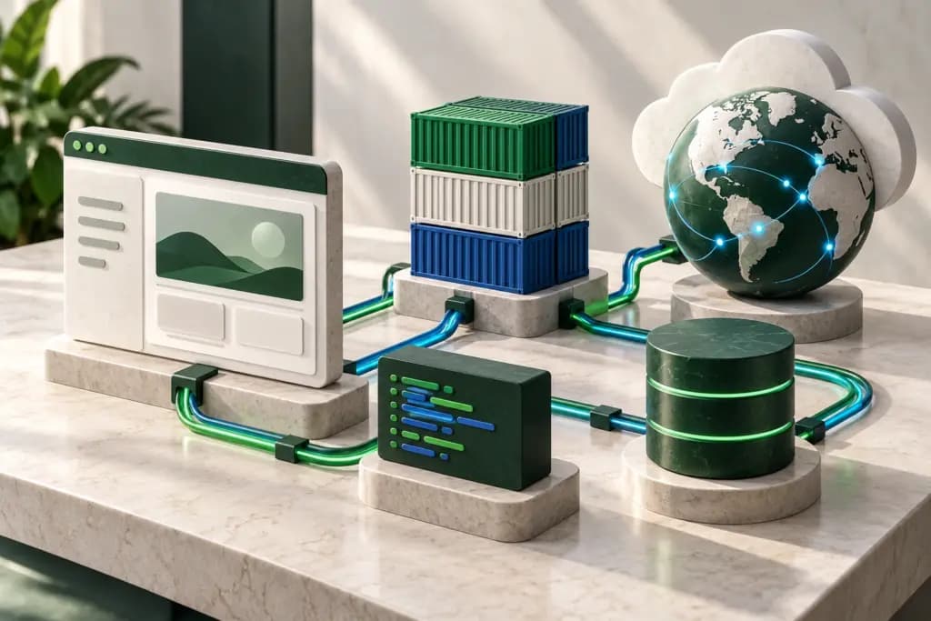 Application modules, a container stack, a database, and a globe connected by green and blue conduits