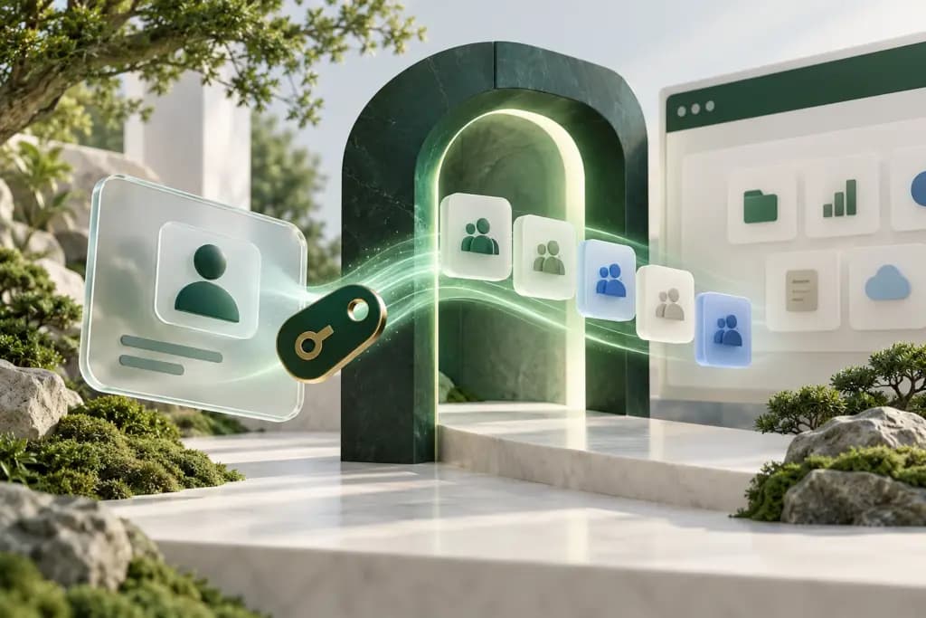 An identity card and account tiles pass through a green gateway toward an application window