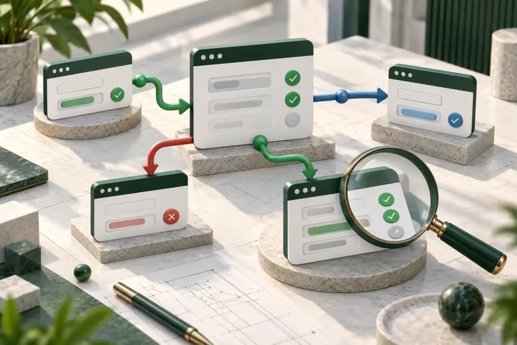 Five browser panels with success and failure checks connected for automated testing