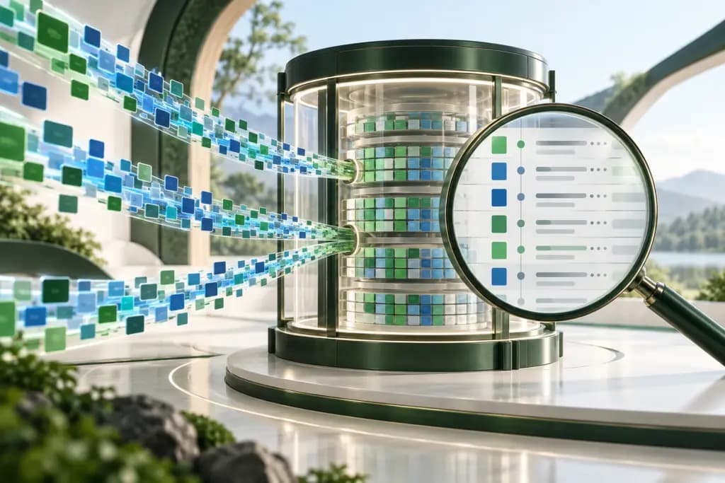 Green and blue event streams enter a glass archive beside a magnified log timeline