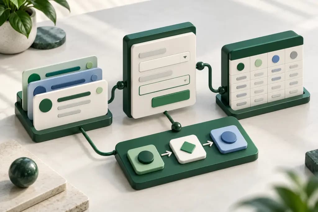 Structured record cards, a form, a table, and workflow controls form a connected business application