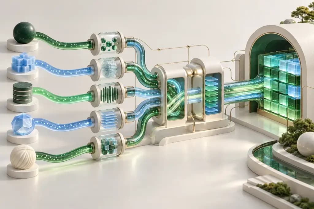 Five green and blue data streams pass through modular stages into an ordered data warehouse