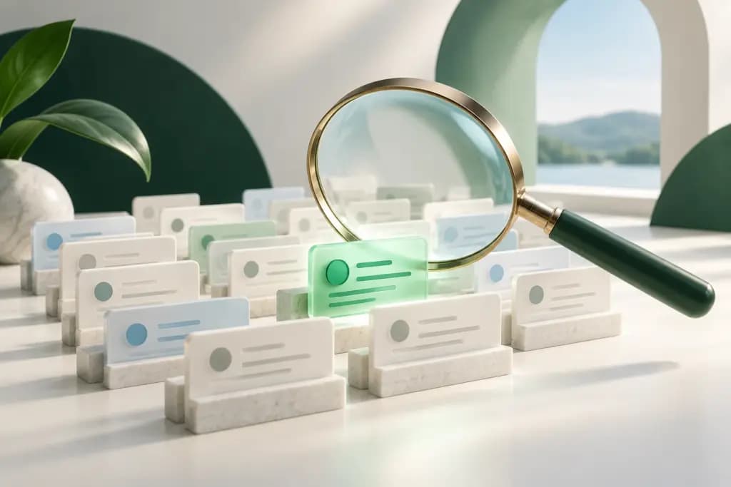 A sculptural magnifying lens highlights a relevant card in an organized information library