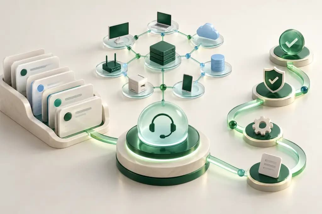 Service tickets and an asset map connect through a controlled pathway to a central IT service hub
