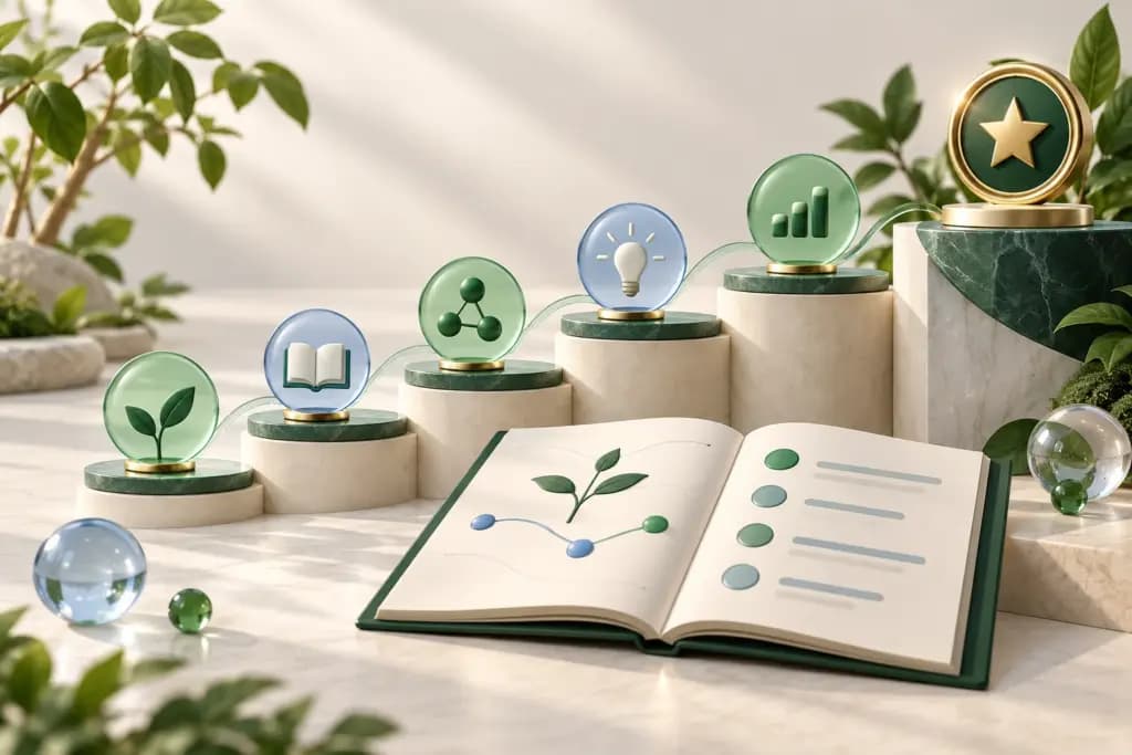 A modular learning pathway connects an open course booklet, skill nodes, and a completion token