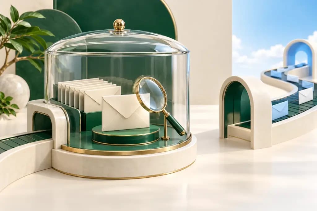An envelope and inspection lens sit inside a protective glass chamber beside safely captured messages