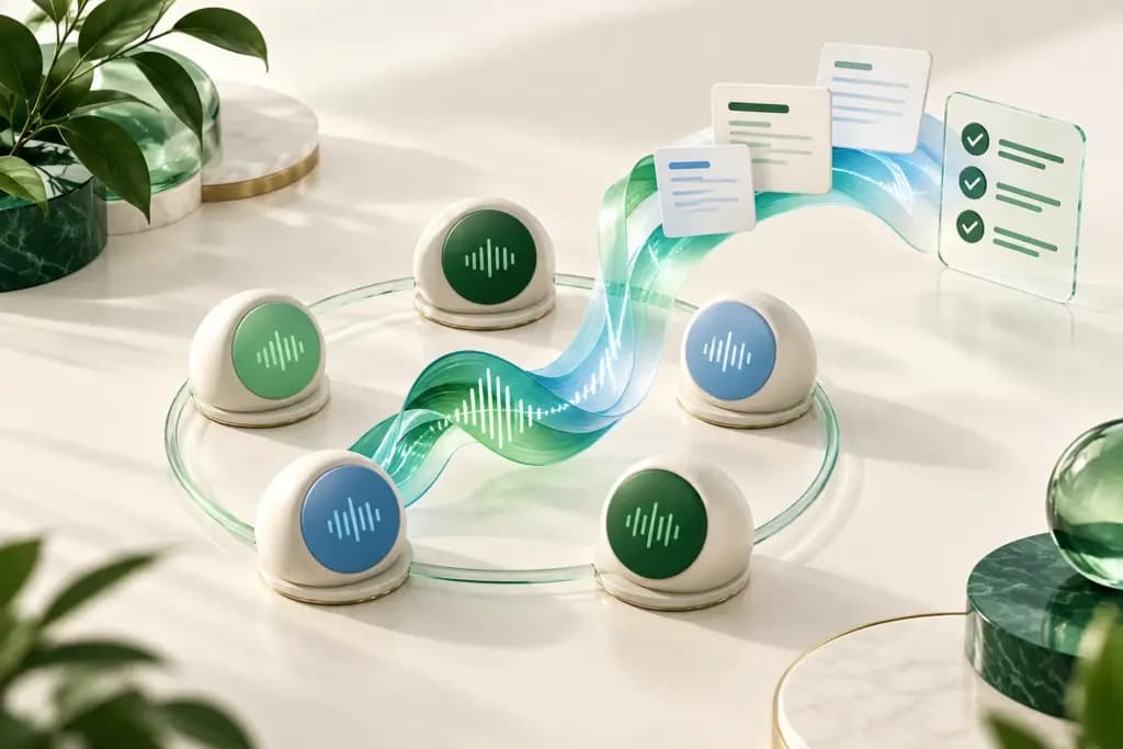 Audio nodes surround a sound ribbon that becomes organized meeting notes and action cards