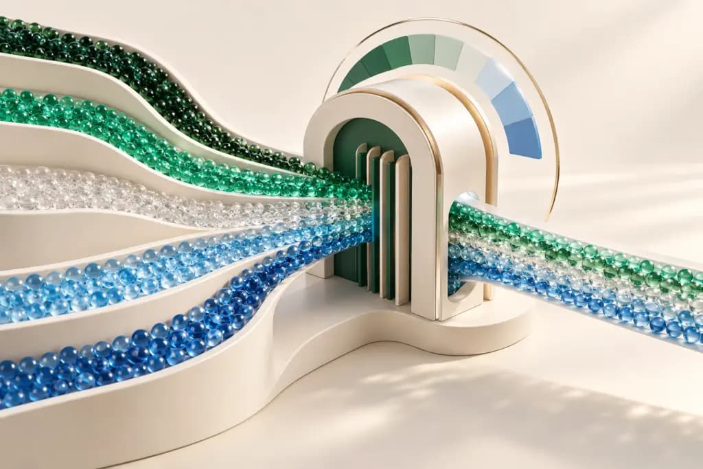 Glass traffic beads converge on a server gateway beside an abstract gauge
