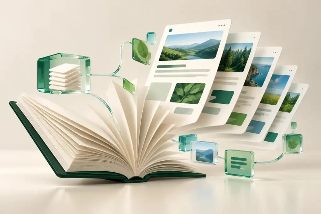 An open book becomes layered website page cards with green and blue modular components