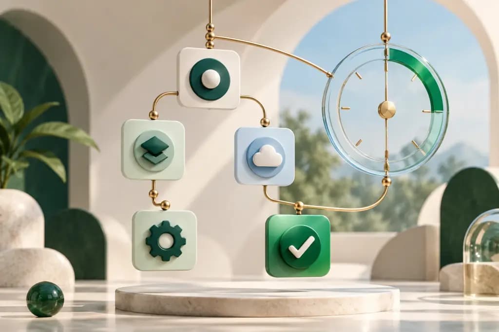 Connected task tiles form a branching suspended workflow beside a glass clock ring