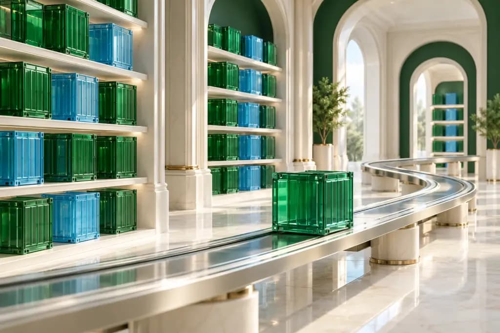 Green and blue software container cubes sit in a library beside a delivery track