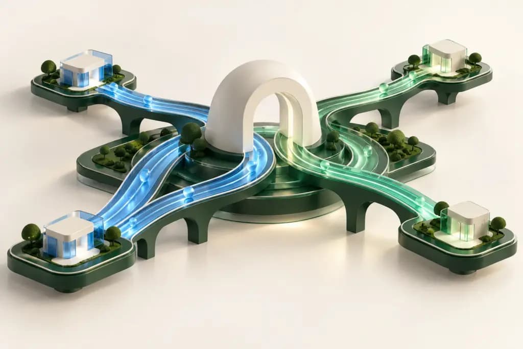 Blue and green traffic paths pass through a central gateway to separate service buildings