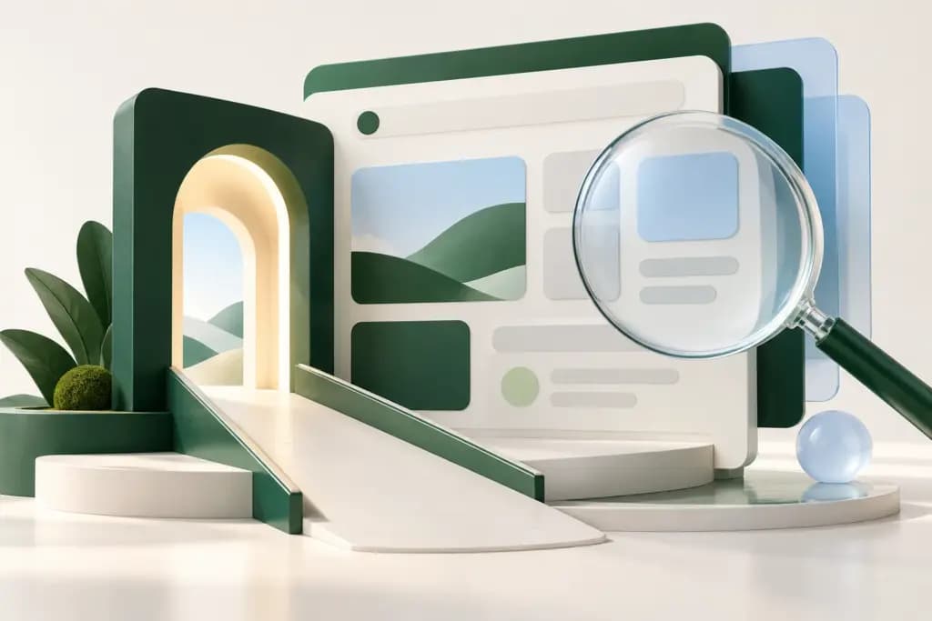 A ramp leads through an open doorway beside layered web panels and a magnifying lens
