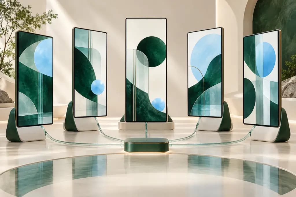 Five digital display panels show abstract green and blue artwork connected to a central hub