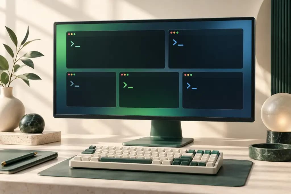 Conceptual terminal workspace with five command panes in forest green and blue.