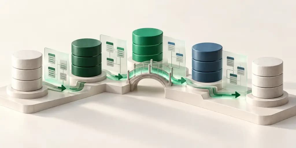 Five database cylinders linked by schema cards and a bridge representing controlled migrations.