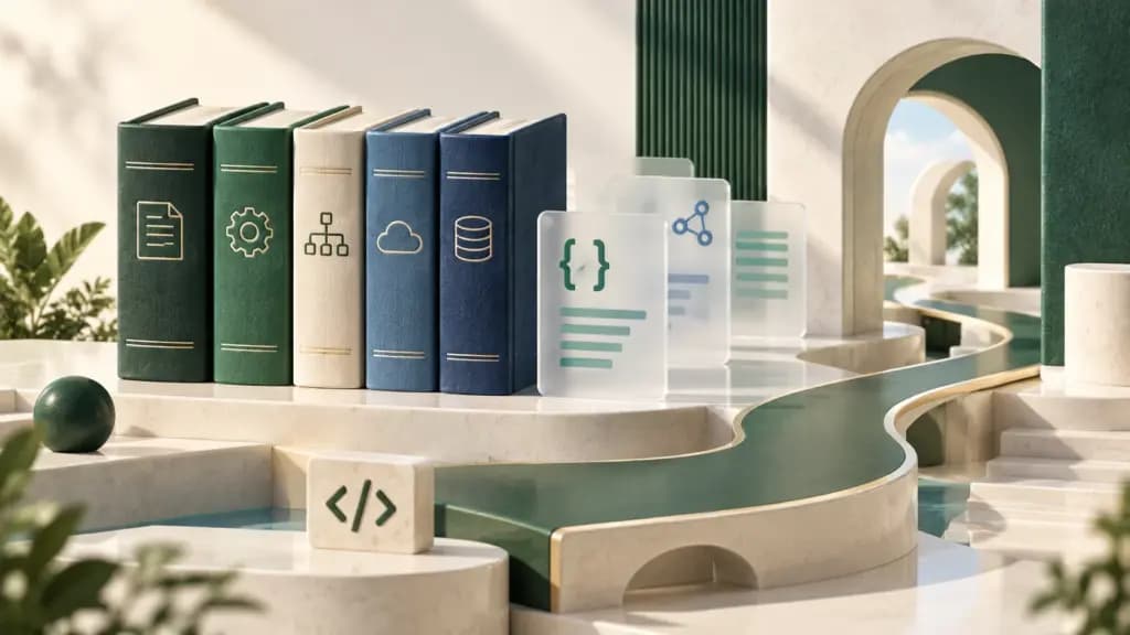 Five documentation books beside API cards and a pathway through a developer knowledge library.