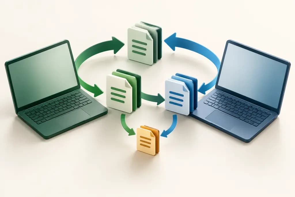 Two laptops and file stacks linked by green and blue synchronization arrows with an amber conflict file.