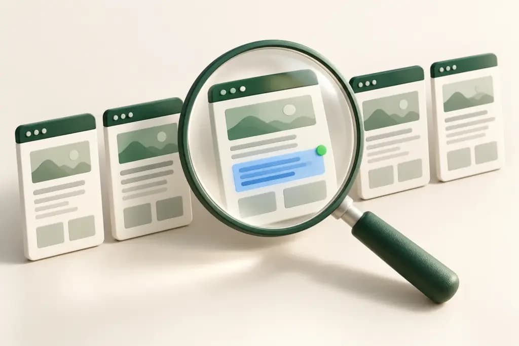 Five webpage cards under a magnifying lens highlighting a changed blue section and green alert dot.