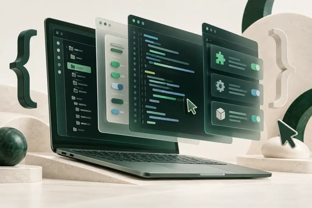 Laptop with layered code panes and configuration symbols in forest green and blue.