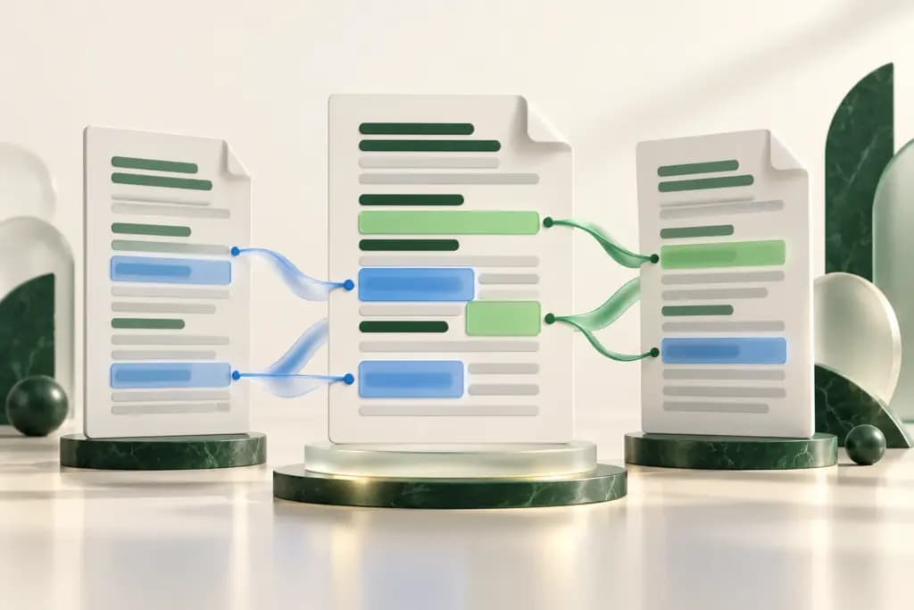 Three abstract documents connected by colored changes to represent comparison and merging.