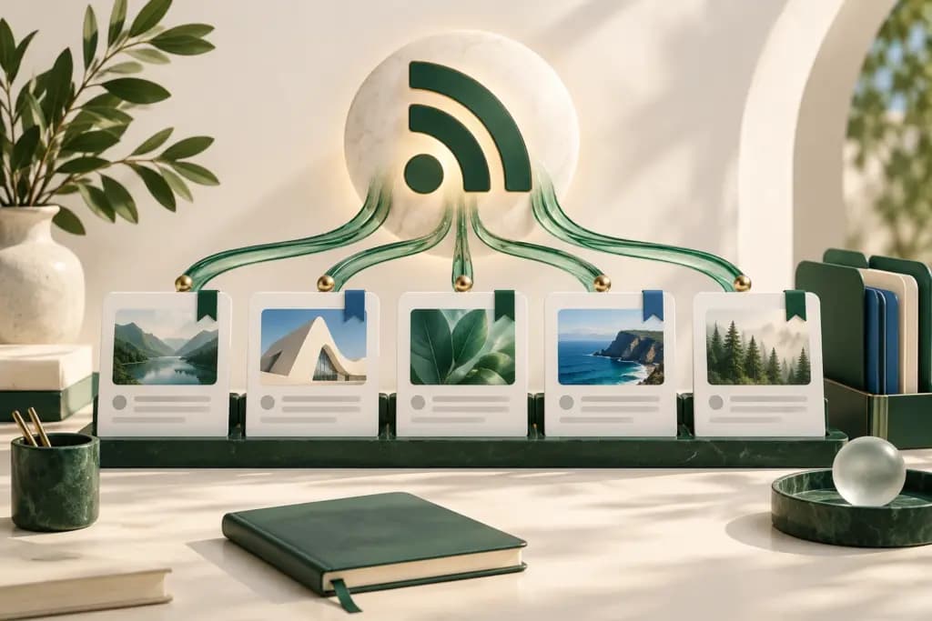 RSS symbol distributing articles into five organized reading cards on a green desk.