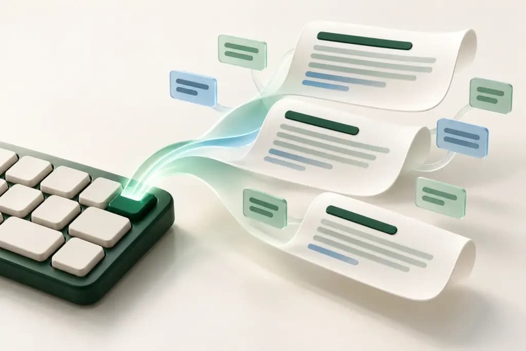 Keyboard shortcut expanding into reusable document snippets and flowing text ribbons.