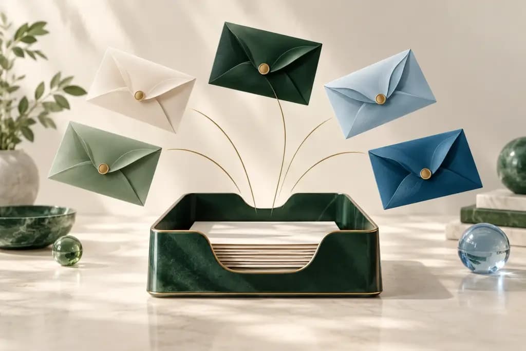 Five envelopes converge above a forest-green desktop inbox tray.
