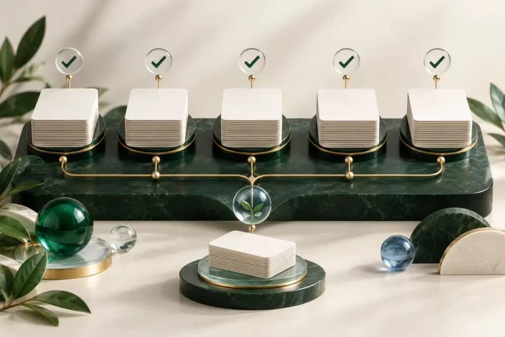Five stacks of test cards linked to a central evidence card on a green board.
