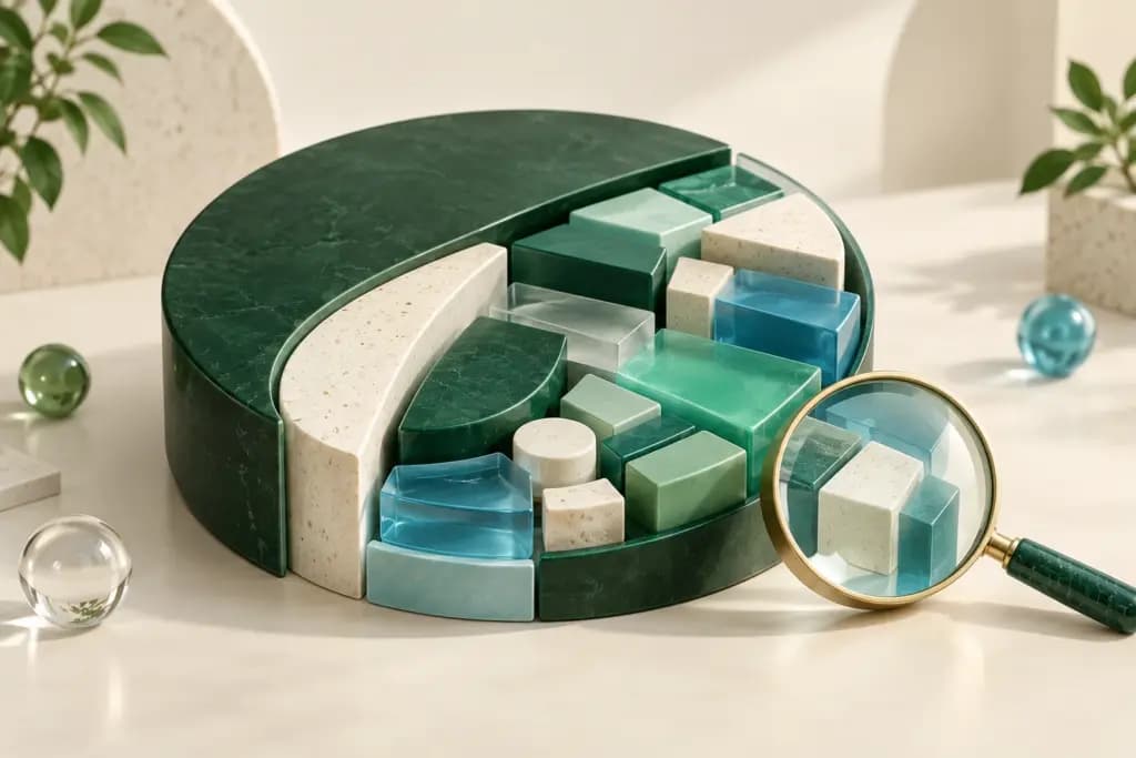 Magnifying lens beside a disk-shaped arrangement of green and blue storage blocks.