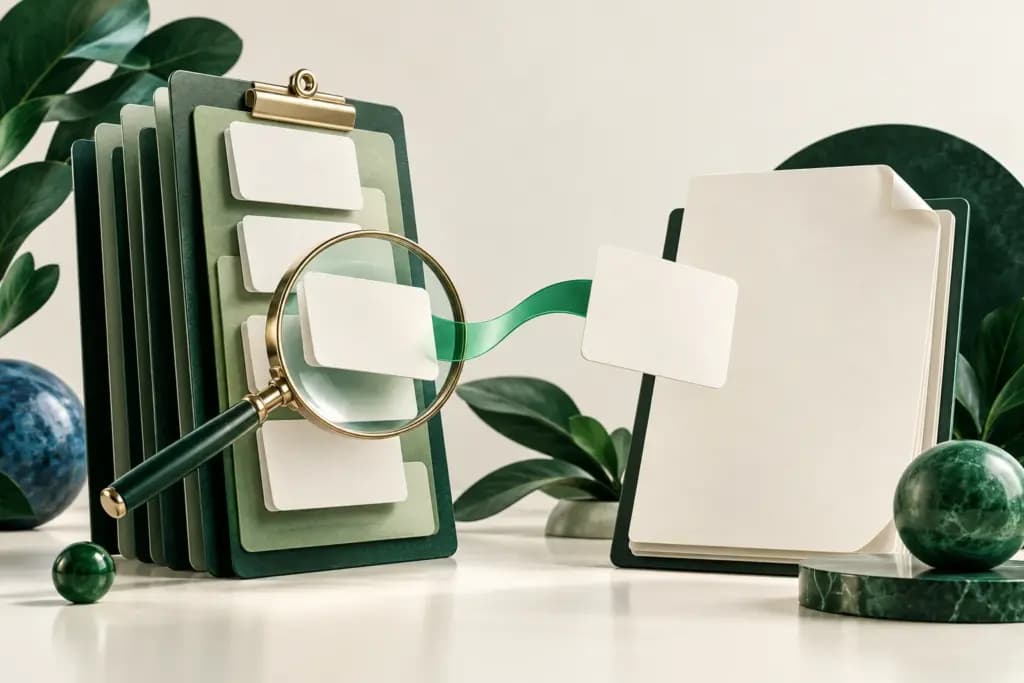 Conceptual clipboard history cards with a search lens and a selected item moving into a document.