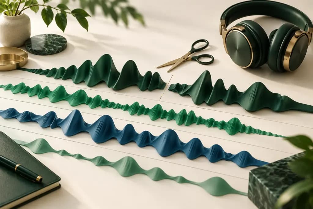 Conceptual green and blue audio waveforms on parallel editing tracks beside headphones.