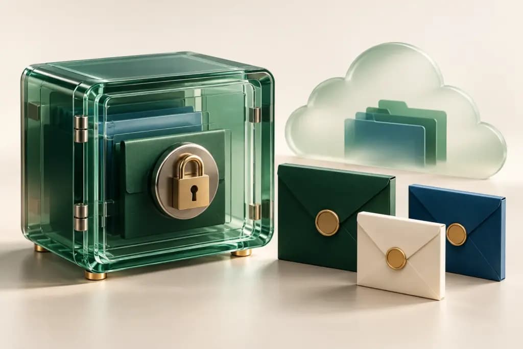 Conceptual locked document vault, sealed file envelopes, and a cloud silhouette.