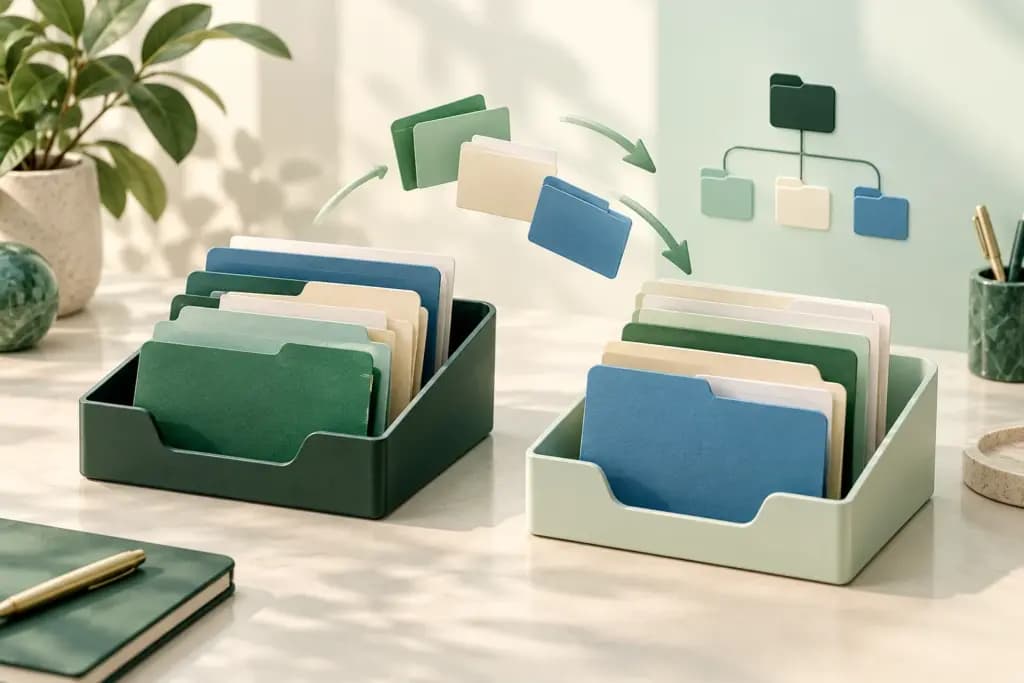 Two document trays with green and blue folders and arrows illustrating desktop file organization.